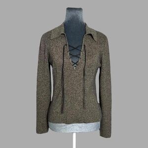 INC L Cotton Blend Ribbed Knit Lace Up Sweater Long Sleeve Top 2000s Vamp Goth